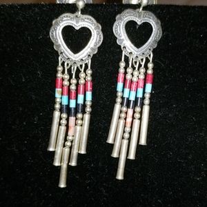 Silver beaded heart dangling earrings